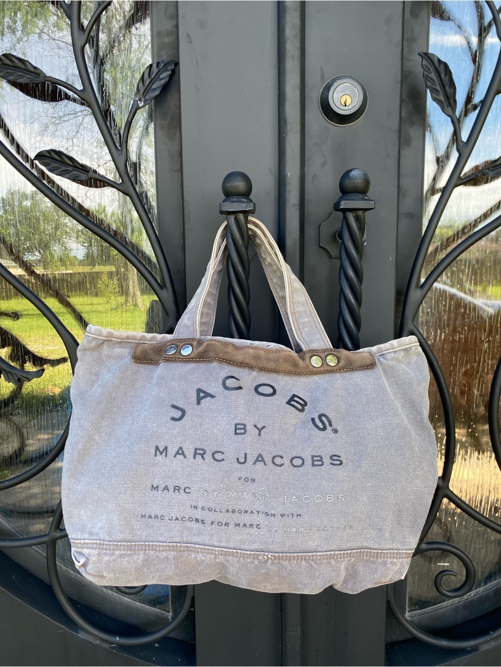 Marc Jacobs Washed Taupe Canvas Logo Tote with suede trim, zipper top.